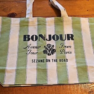 Sezane Bonjour from Paris Green Blue Striped Tote Bag